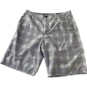 Hurley Shorts Men 34  Gray Plaid Chino Flat Front Walking Beach Casual